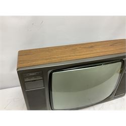 1970s National Type TC-42GA colour television by Matsushita Electric Industrial Co, with chrome carrying handle, H36cm W50cm D40cm, together with a 1980s Ferguson TX television, model no. 37060c, and Sanyo tv model no. CTP 6102