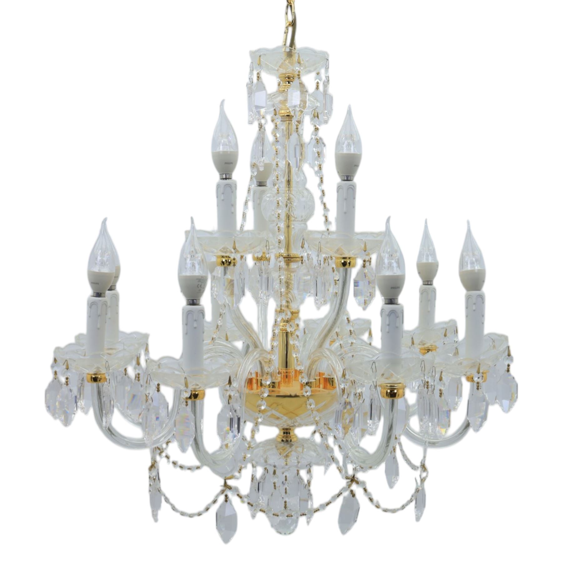 Late 20th century gilt brass and glass twelve branch chandelier, with glass swags and drops