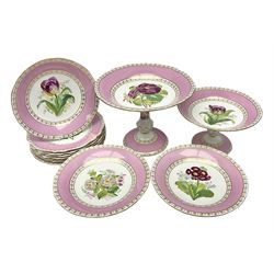 Victorian Copeland, Botanical dessert service, decorated with floral sprigs to the centre with a pink and gilt border, comprising five comports and seven plates, largest comport H20cm, plate D22cm