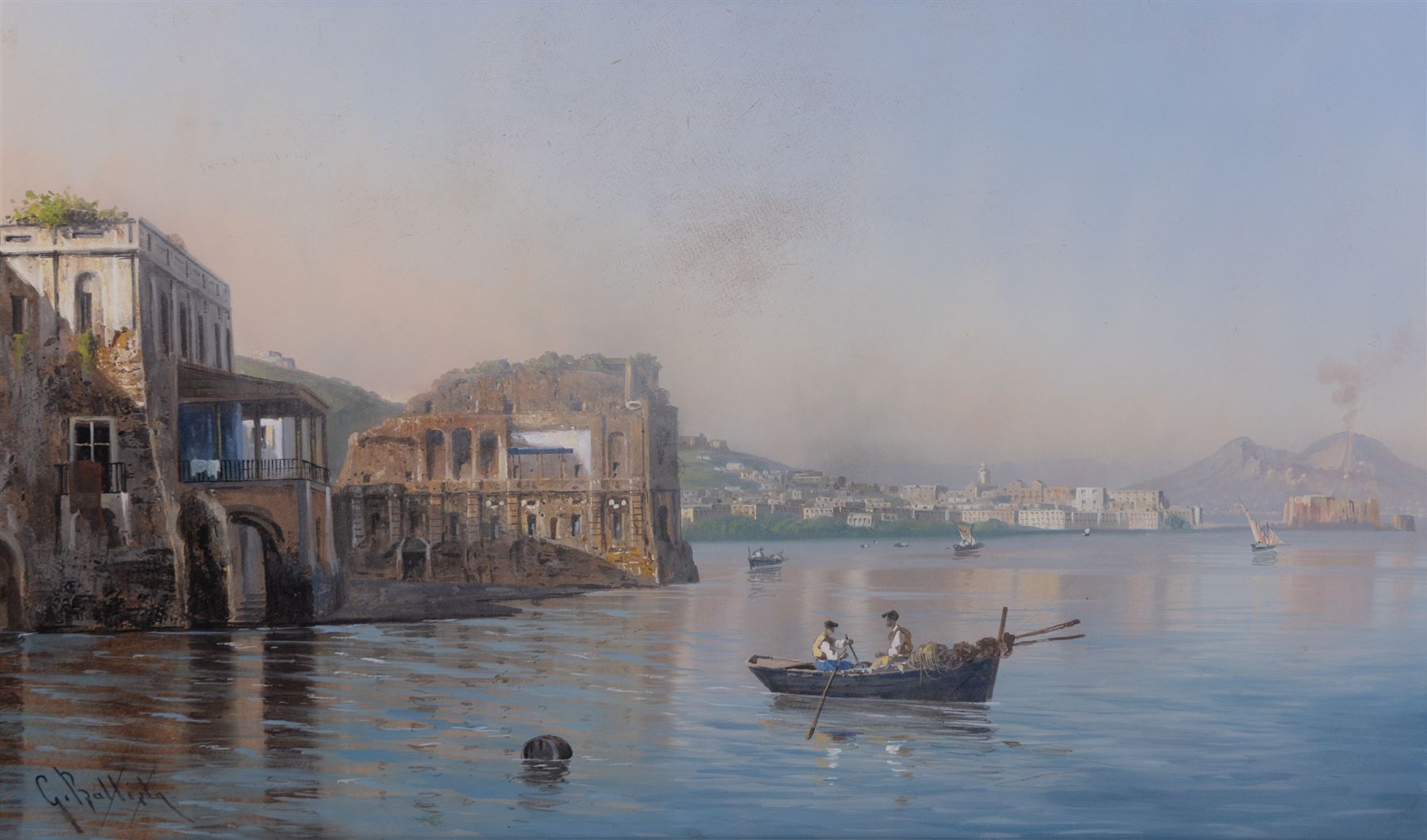 Giovanni Battista (Italian 1858-1925): Naples and Vesuvius, gouache signed 30cm x 51cm
