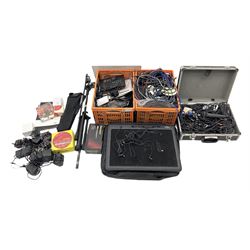 Alesis SR-16 drum machine, Neewer 48V phantom power supply, microphone stand, Genexxa microphone, quantity of jack to jack cables and other similar items