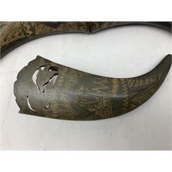 Carved water buffalo horn wall pocket, engraved with landscape scene with patterned borders with pierced foliate panel, together with a pair of horns with similar engraved decoration, L47cm