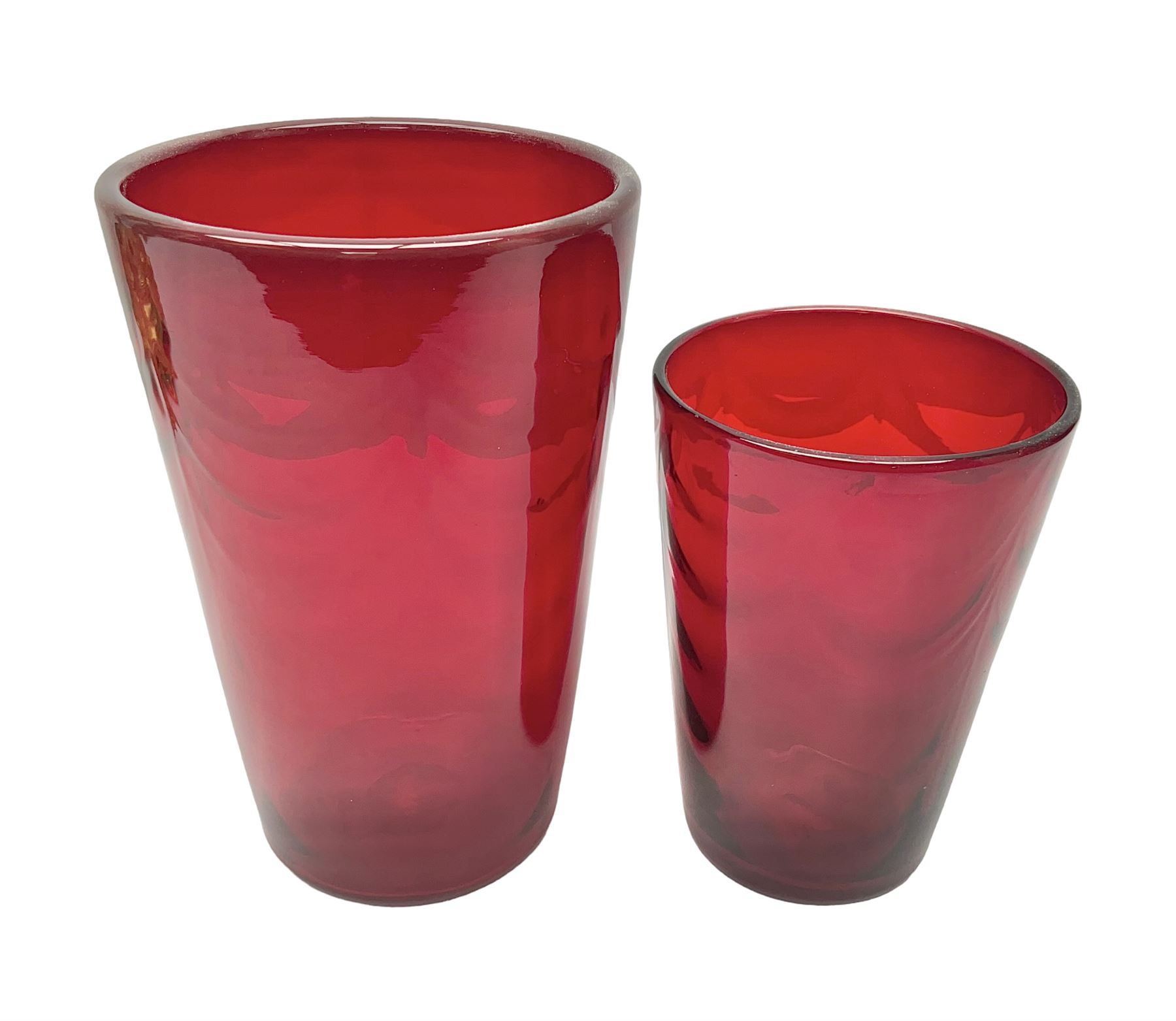 Marriott Powell for Whitefriars, Optic Wave red glass bucket vase, together with similar smaller example, tallest H20cm