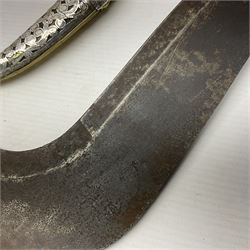 Moroccan jambiya dagger with 24.5cm plain curved blade stamped LONDON to the ricasso area, the hilt and scabbard overlaid with plain sheet brass to the back and ornate silver coloured metal to the front; waisted grip and arched pommel; two pyramid mounts to the scabbard L41cm overall; large billhook with curving blade and stacked leather washer grip; and a reproduction halberd blade (3)