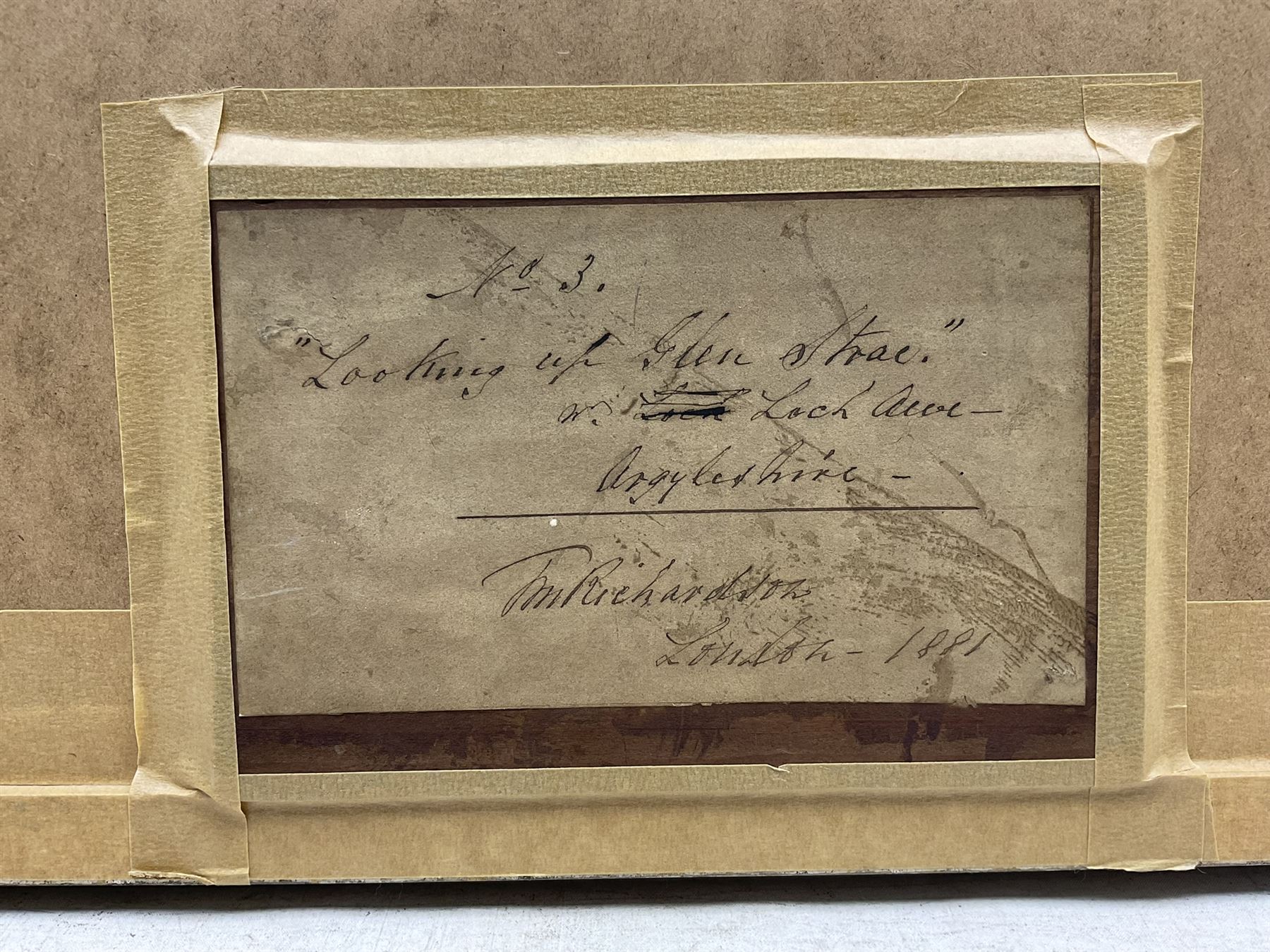 Thomas Miles Richardson Jnr. (British 1813-1890): 'Looking up Glen Strae - Loch Awe', watercolour signed and dated 1881, original title label verso 33cm x 64cm 
Provenance: private collection, purchased Christie's London 3rd September 2013 Lot 435 