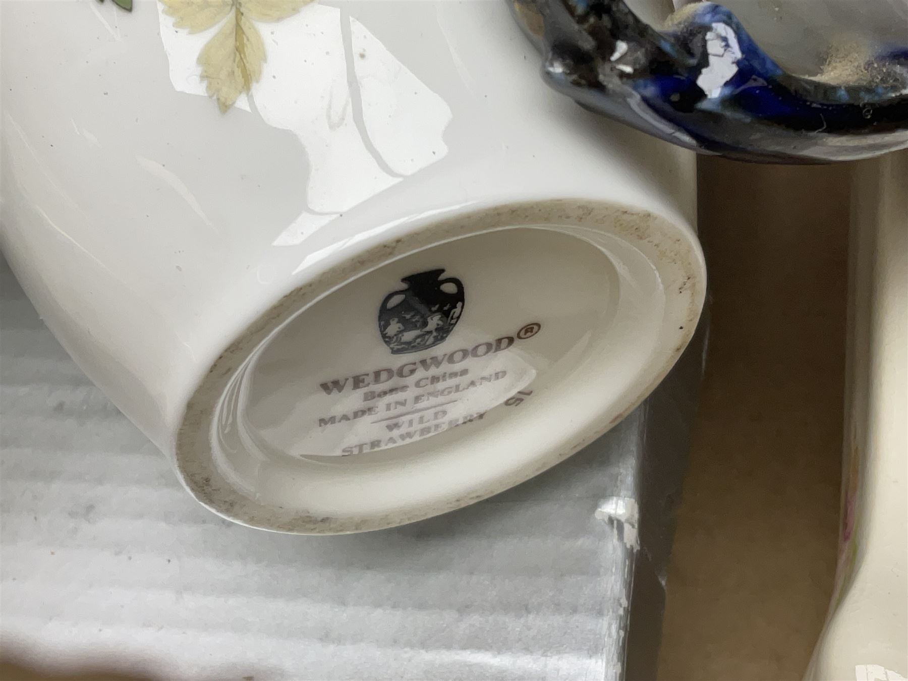 Four pieces of art glass, including twin handled basket bowl, etched glasses and matching decanter and a collection of other ceramics and glassware, in three boxes