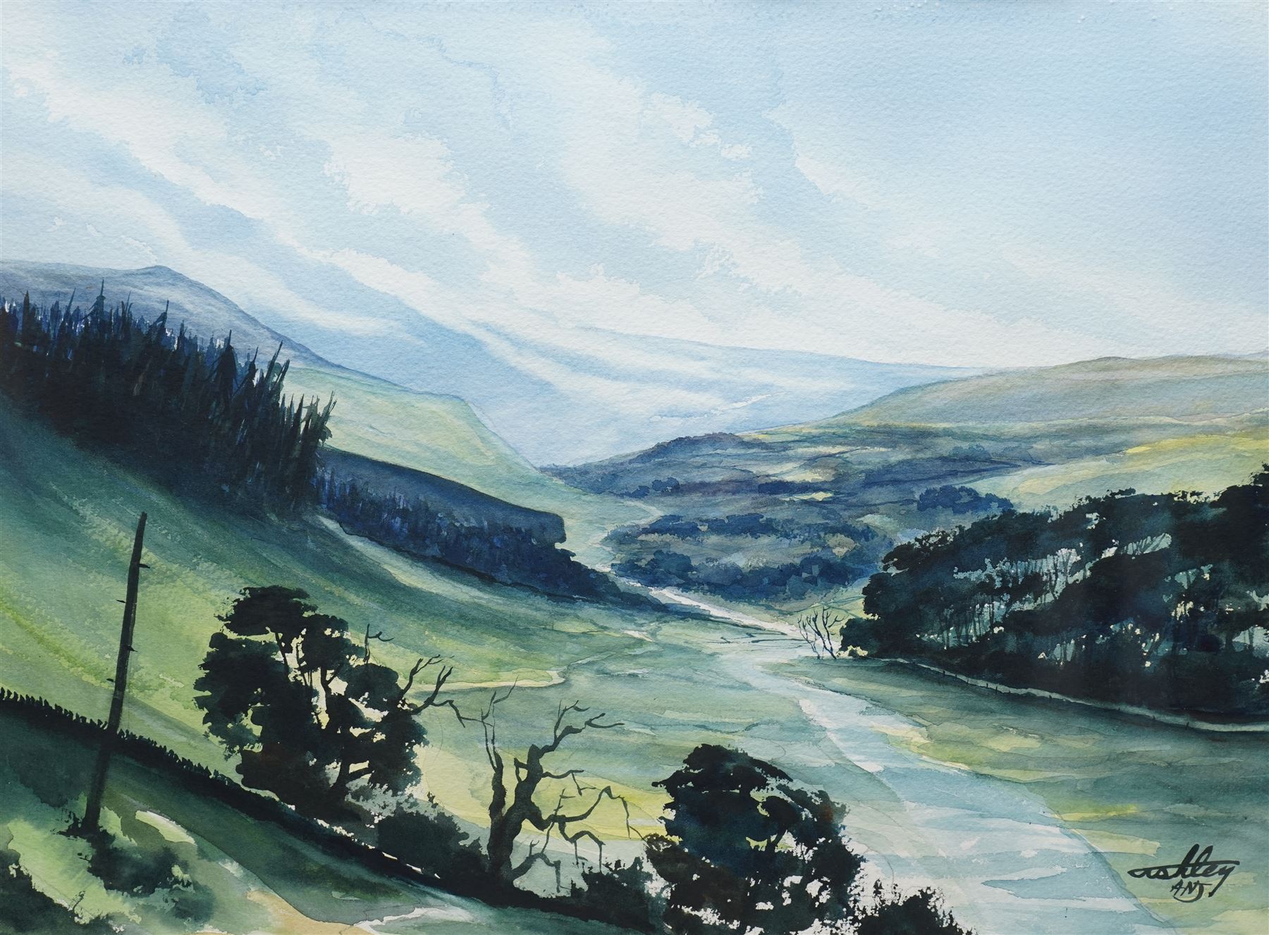 Ashley Jackson (Yorkshire 1940-): 'Muker' Swaledale, watercolour signed, titled on accompanying certificate of authenticity 41cm x 55cm
Provenance: Purchased directly from the artist as part of his TV series 'A Brush with Ashley'