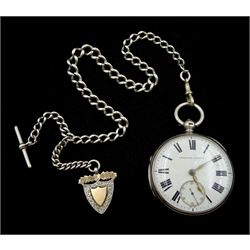 Victorian silver open face fusee lever pocket watch, No. 21019, white enamel dial with Roman numerals and subsidiary seconds dial, with tapering silver Albert chain with fob