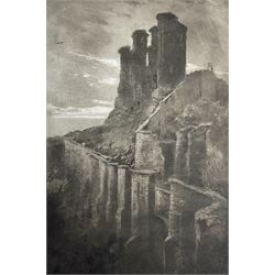 William Rawson (British exh.1913-1914): 'Scarborough Castle', aquatint signed and titled in pencil 28cm x 21cm; 'Scarborough', mid 19th century pen and ink; 'Proposed Buildings South Cliff Scarborough' & 'Knaresborough', two engravings (unframed) (4)