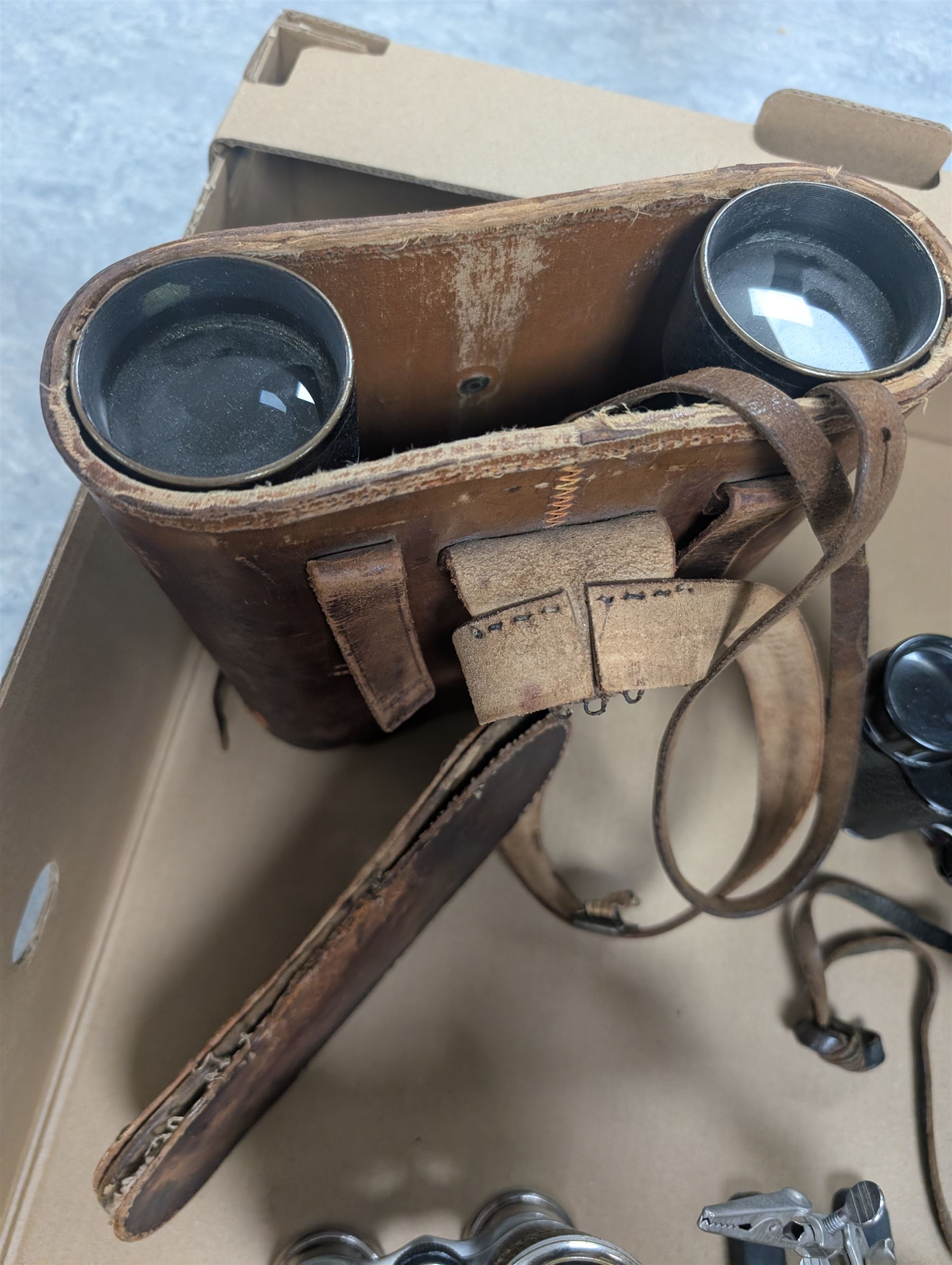 Three pairs of binoculars including Wrayvu 8x30 and Busch Hellux, together with a tabletop magnifying glass