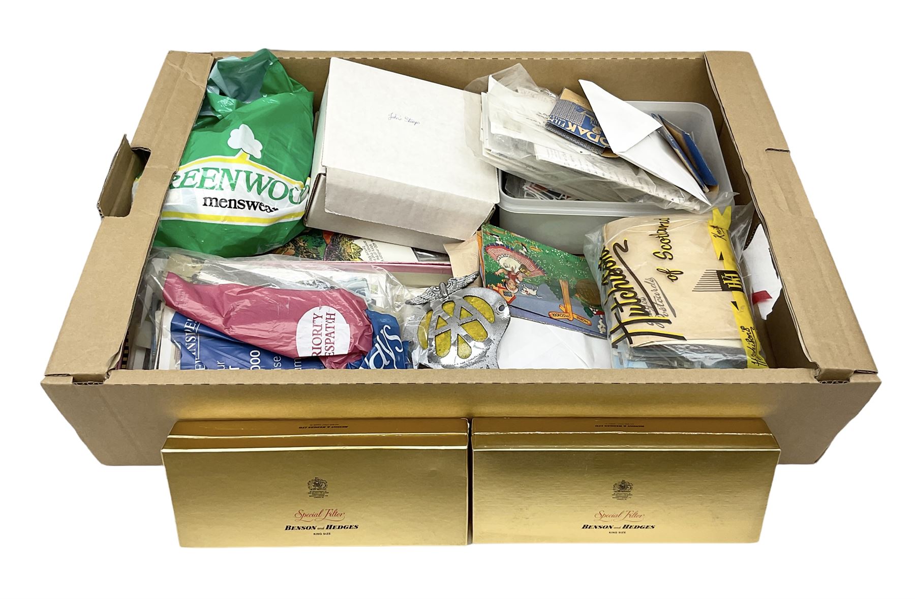 Chrome AA Members Badge, No 2A67754, together with two Raphael Tuck & Sons Christmas cards, cigarette cards, postcards and other ephemera 