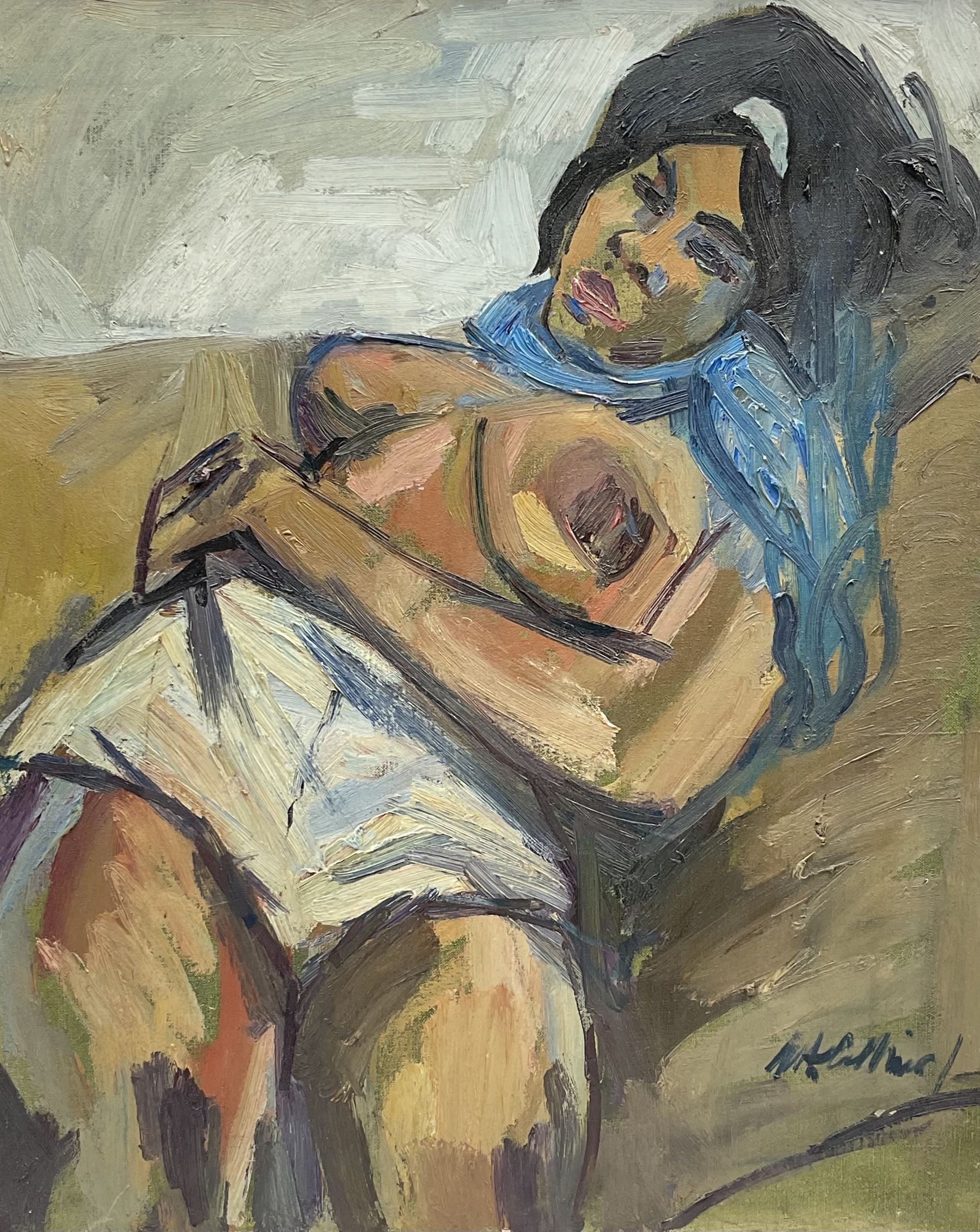 Peter Collins ARCA (British 1923-2001): Reclining Nude with Blue Headscarf, oil on canvas signed 60cm x 50cm
Provenance: Studio sale: The late Georgina and Peter Collins Collection, ‘The Contents of Stanley Studios, Chelsea’; Sulis Fine Art.

