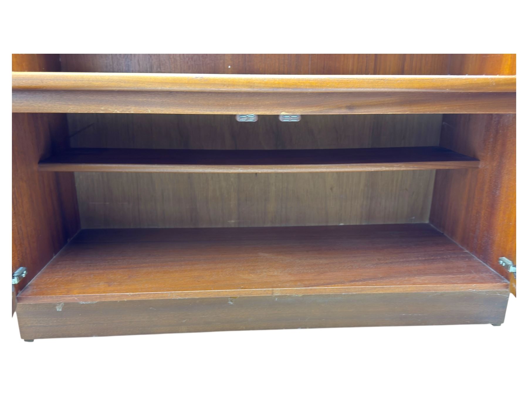Nathan - teak wall unit and corner TV unit, bookcase unit with fixed shelves, locking fall front writing surface and twin door base with recessed panels(H 194cm, W 102cm, D 45cm), along with a matching angled corner TV cabinet with cupboard and side shelving (H 51cm, W 91cm, D 48cm)