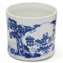 18th/ 19th century Chinese porcelain blue and white bitong or brush pot, of slightly tapering cylindrical form decorated with cartouches of treasured items and figures in a landscape scene, with eight character Kangxi marks beneath, H17cm x D19.5cm 