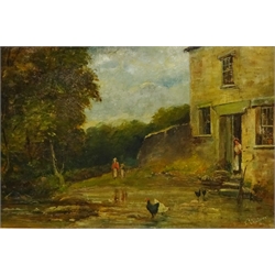  F Watson (19th/20th century): Figures and Hens near a House, oil on board signed 30cm x 44cm  