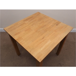 Solid oak square dining kitchen table (W75cm, H76cm, D75cm) and two matching dining chairs, upholstered seat (W45cm    