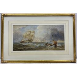 John Wilson Carmichael (British 1799-1868): Frigates off Portsmouth, watercolour signed l.r. 24cm x 48cm