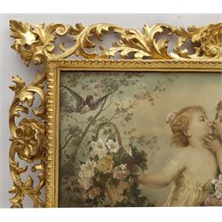 FRAMES - Ornate 19th century Florentine carved giltwood frame, shell pediments surrounded by scrolling acanthus leaves, containing a French lithograph, aperture 29cm x 68cm