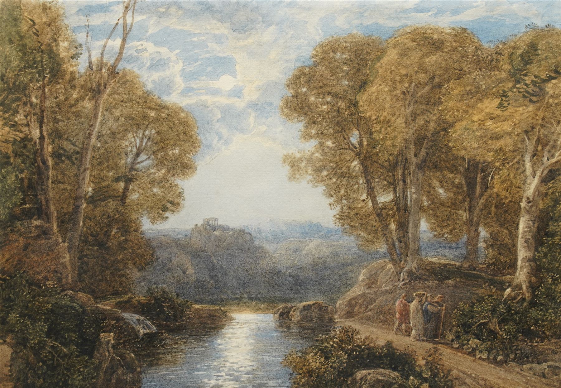 Francis Oliver Finch (British 1802-1862): Arcadian Landscape with Figures and Classical Ruins to the Distance, watercolour possibly signed 28cm x 41cm