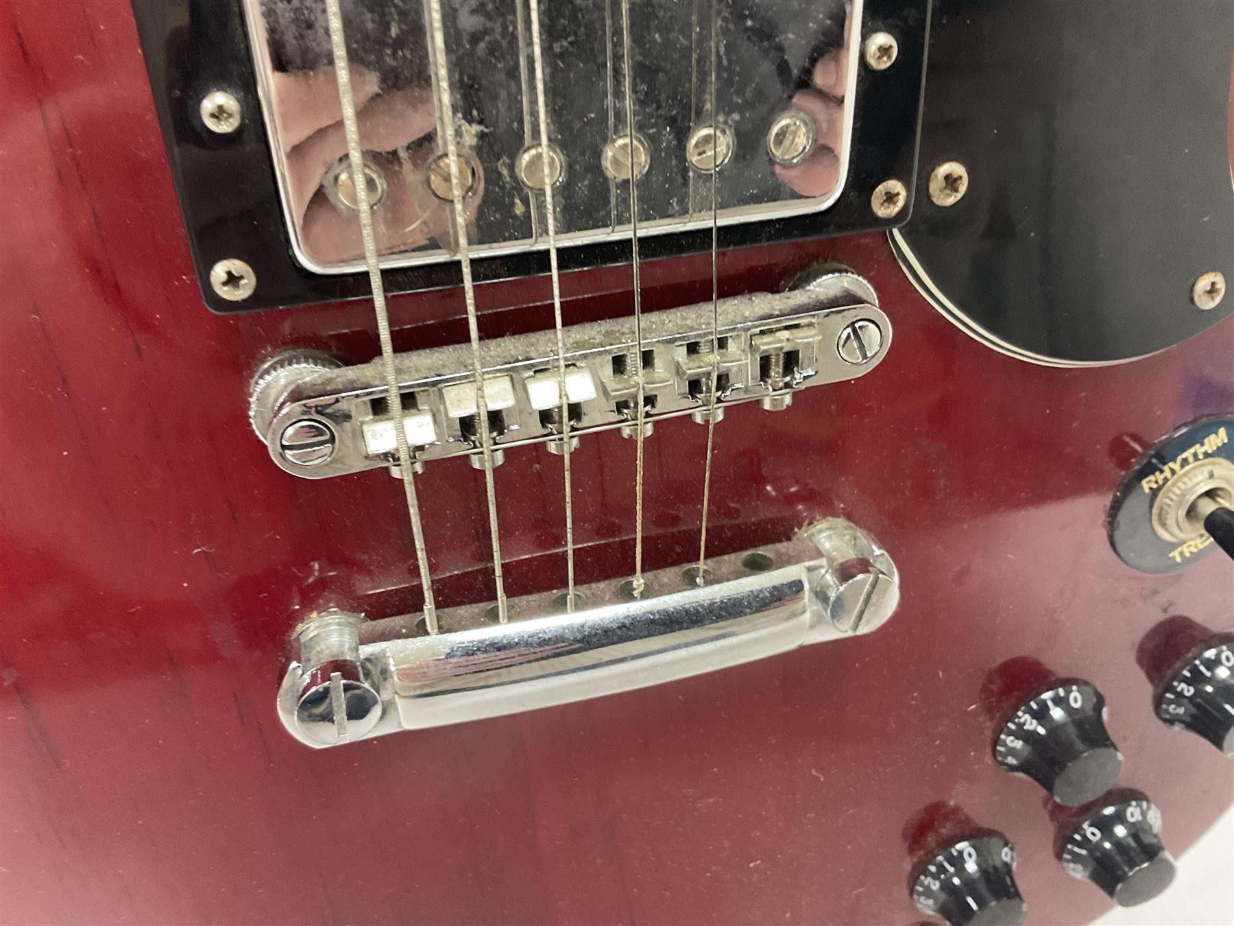 Vintage VS6M Reissued Series six string electric guitar, with solid body in cherry red finish, in carrying case, guitar L103cm