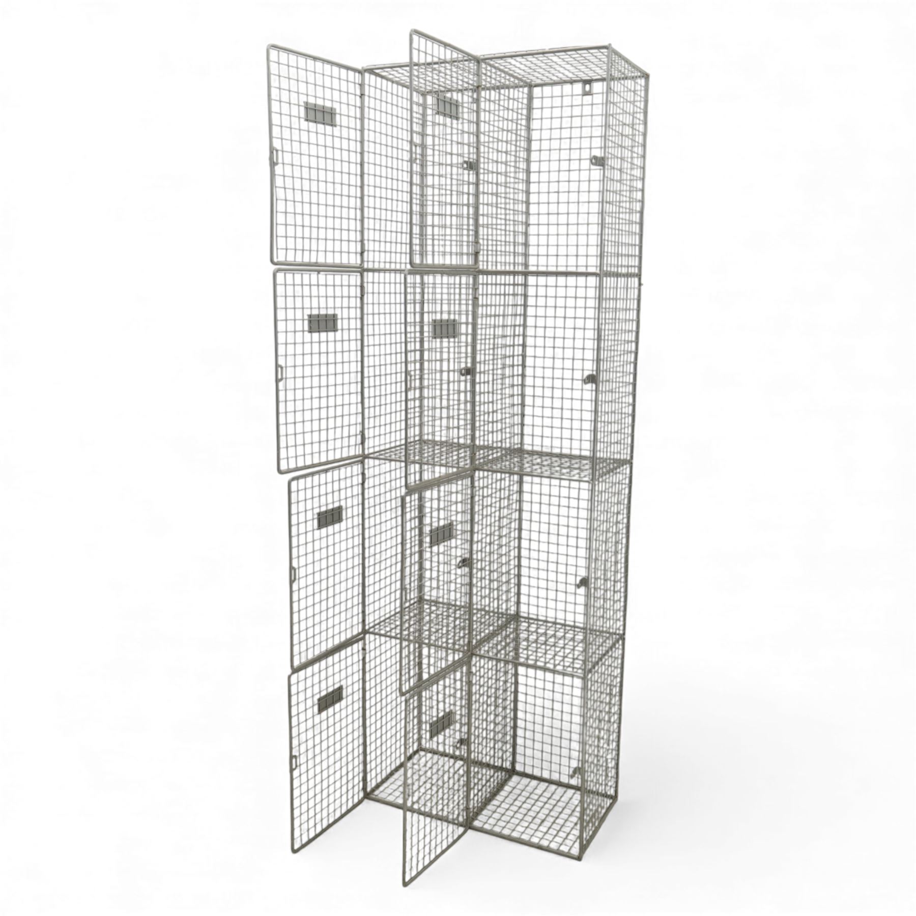 Mid-20th century industrial wire mesh locker, comprising eight compartments with hinged doors and metal label plates, galvanised finish 