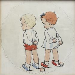Circle of Mabel Lucie Attwell (British 1879-1964): Children Hiding Apples and Spilling Paint, pair watercolours framed as one unsigned 16cm x 16cm