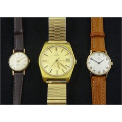 Omega  9ct gold ladies manual wind wristwatch, Rotary 9ct gold ladies wristwatch, both on leather straps and a Omega Geneve gilt gentleman's wristwatch, with date aperture