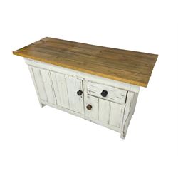 Distressed white painted pine sideboard, polished rectangular top over cupboards and drawer