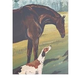 Late 20th century firescreen with arch top, hand-painted to show an equine and canine in a parkland setting with a stately home beyond, standing on green-painted feet