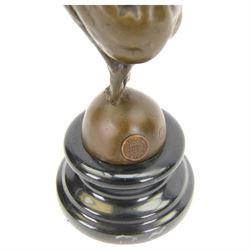 Bronze figure, modelled as a diver with hands raised upon a stepped circular base, H28cm