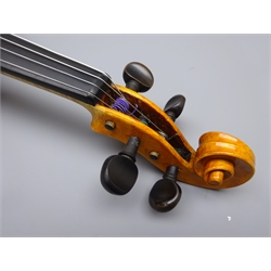  Early 20th century French E.R.Schmidt Saxony violin, the 36cm two-piece maple back, ribs and spruce top with orange toned varnish, bears label 'Schmidt's Standard', L59.5cm, in carrying case  