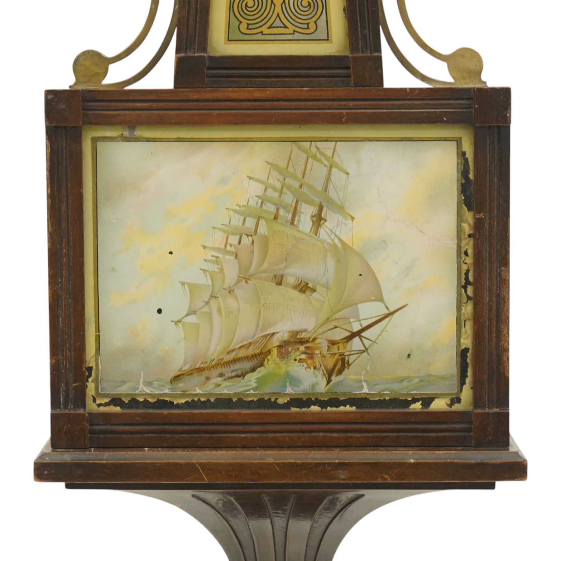  Early 20th century American wall clock by the Sessions Clock Company in banjo pattern case with eagle finial and shipping scene panel H108cm