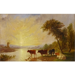 Cattle Watering at Sunset, 19th century oil on canvas unsigned 29cm x 44cm