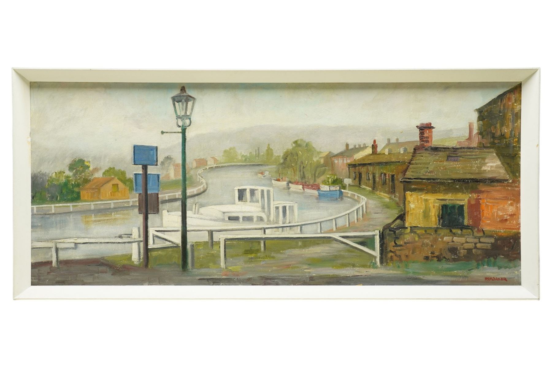 James Hardaker (British 1901-1991): 'Above 5 Rise Locks - Bingley' Canal Landscape, oil on board signed, titled verso 37cm x 90cm 