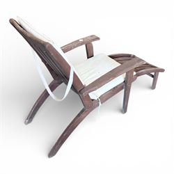 Two teak steamer chairs, one with cushion