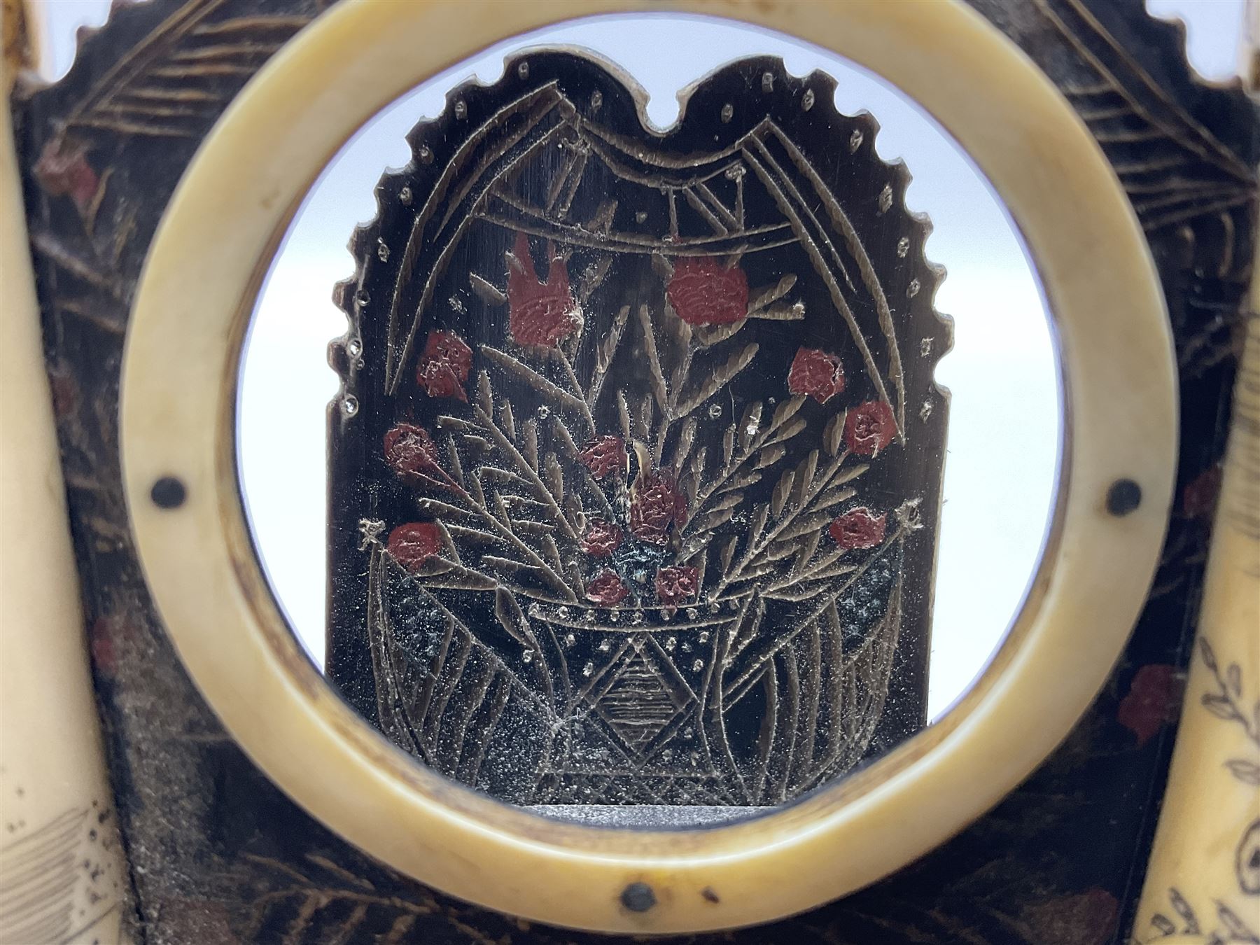 19th century scrimshaw pocket watch stand with two sperm whales teeth and central baleen watch holder; etched for the sailing ship 'Emma' at Warren Rhode Island and dated 1852, H14cm Notes: Warren was an active whaling port from the mid 18th century and became the leading whaling port of Rhode Island in the early 19th century, sending on average twenty whalers per year. The last whaler departed from Warren in 1865, following the decline of the whaling industry. 
