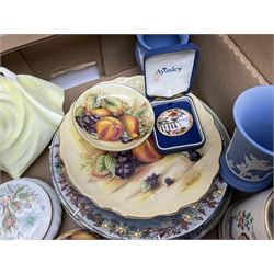 Collection of ceramics, to include Wedgwood Jasperware, Aynsley Orchard Gold vase, dish and plate, two coalport figures etc, together with glassware, in two boxes 