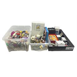 Quantity of Faberge style decorative eggs, collection of vintage and later keyrings, Disney figures etc in three boxes