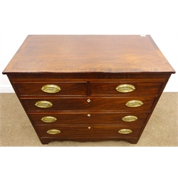  Early 19th century inlaid and cross banded mahogany chest, two short and three long drawers, oval brass plate handles and shaped bracket supports, W99cm, H92cm, D49cm  