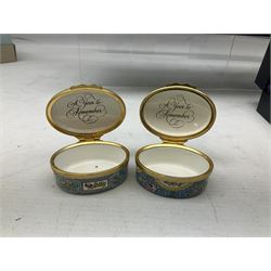 Group of Halcyon Days enamel boxes, including year examples, and others with Valentines, Birthday and Anniversary inscriptions, each with box, (9)