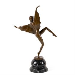 After Josef Lorenzl,- Art Deco style bronze bat girl, upon a stepped circular marble base, H47cm