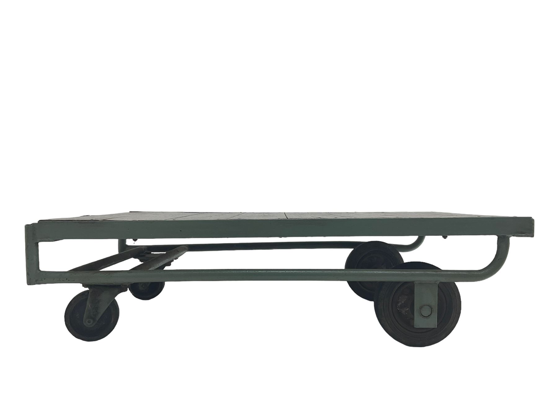 20th century wrought metal and pine railway luggage trolley or coffee table, on castors, by repute from York Station 