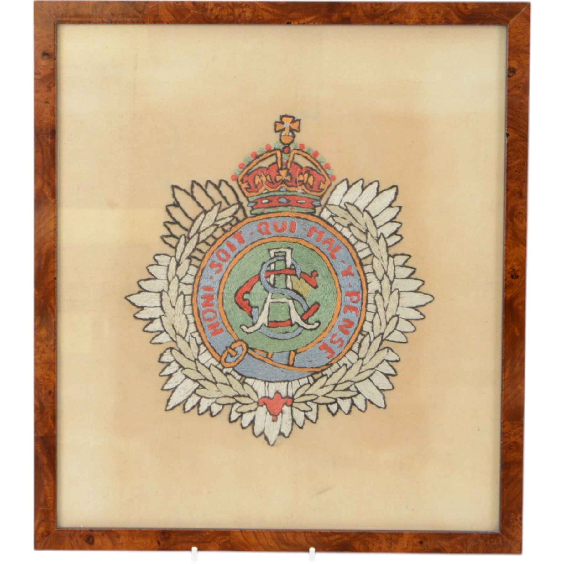 Three framed embroidered panels of military crests,  The Royal Regiment of Canadian Artillery, Army Service Corps and Yorkshire Yeomanry Hussars