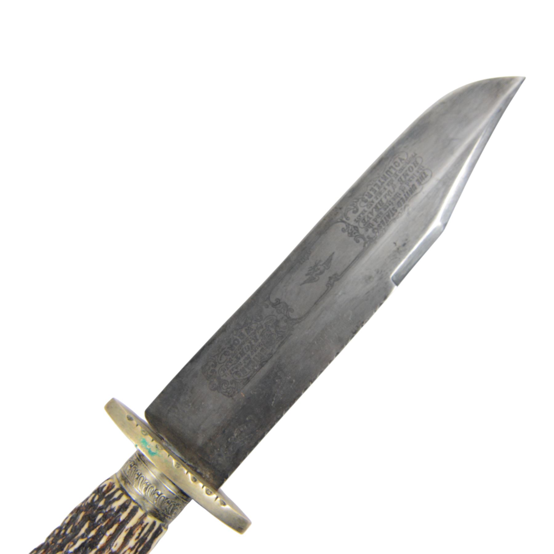 Fred W James Sheffield bowie knife, the 24cm blade engraved 'The United States the Land of the Free and the Home of the Brave..', stag handle, pommel in the form of a horse's head, with leather sheath, L42cm
The pommel motif is a classic bowie fitting, the book Tweedale, G: The Sheffield Knife book has an illustrated example on p87