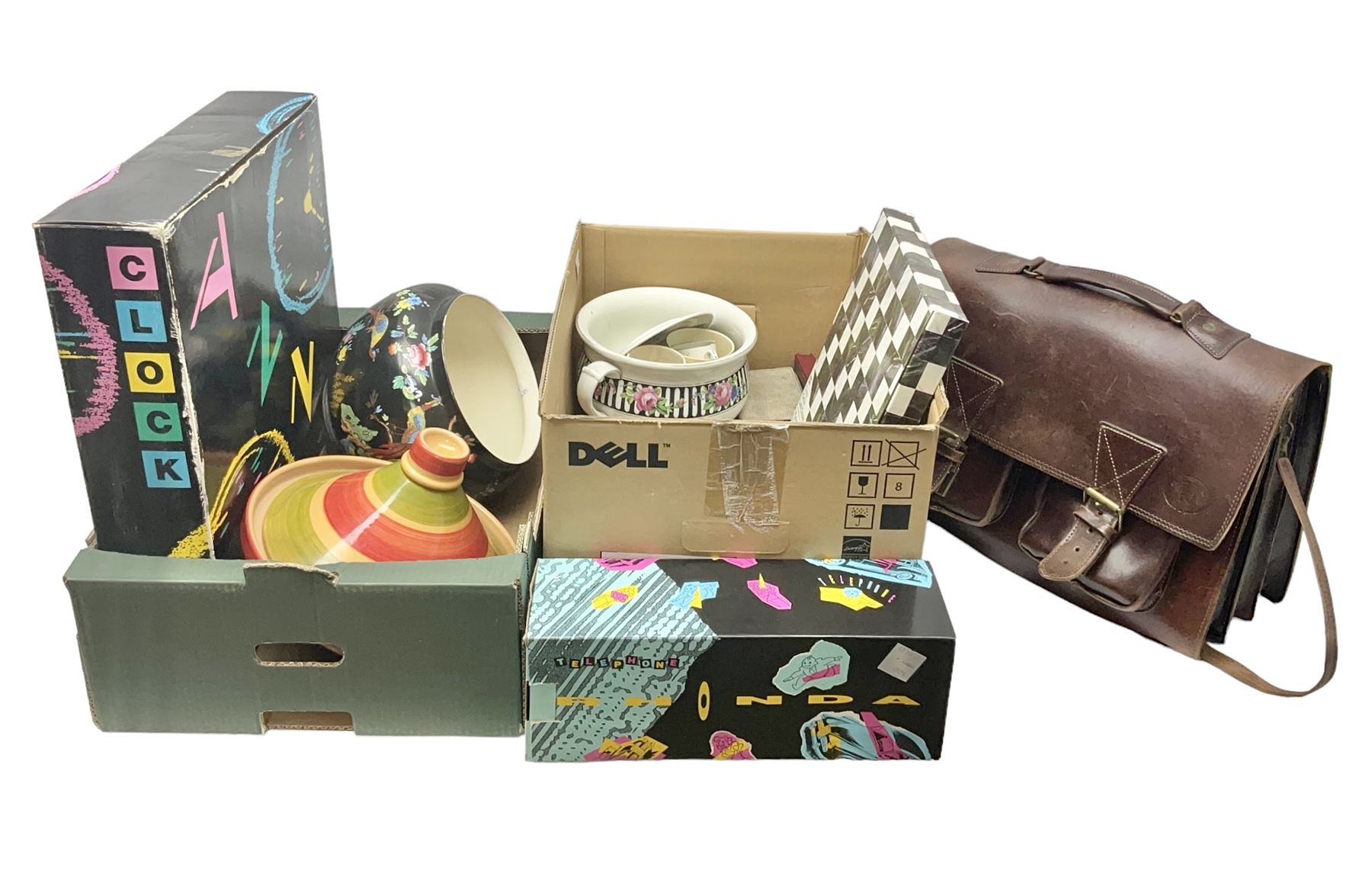Crown Devon jardinier, together with marble lazy susan, leather bag and other collectables, in two boxes   