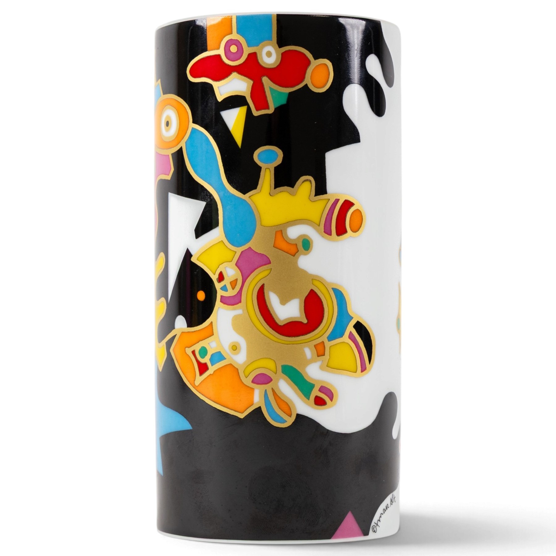 Otmar Alt (German 1940-) for Rosenthal Studio Line - porcelain cylinder vase with whimsical figures, H18.5cm