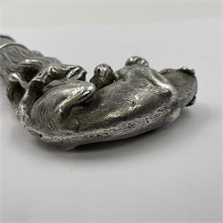 Victorian silver walking cane handle, modelled as a panther upon a tree branch, hallmarked London 1851, maker's mark worn and indistict