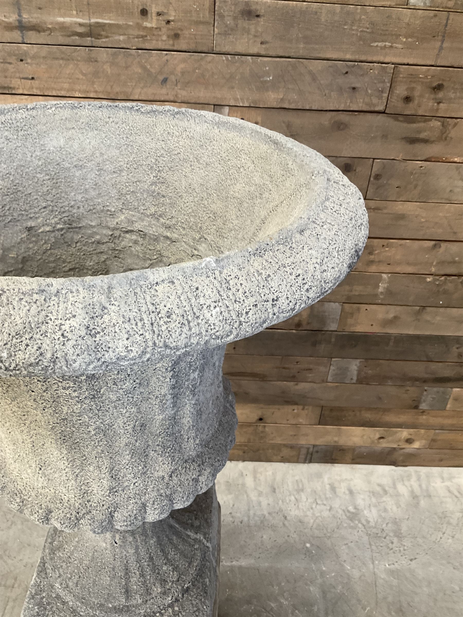 Large Georgian design cast stone garden centre-piece urn, egg and dart border, tapering column on square base, raised on square column