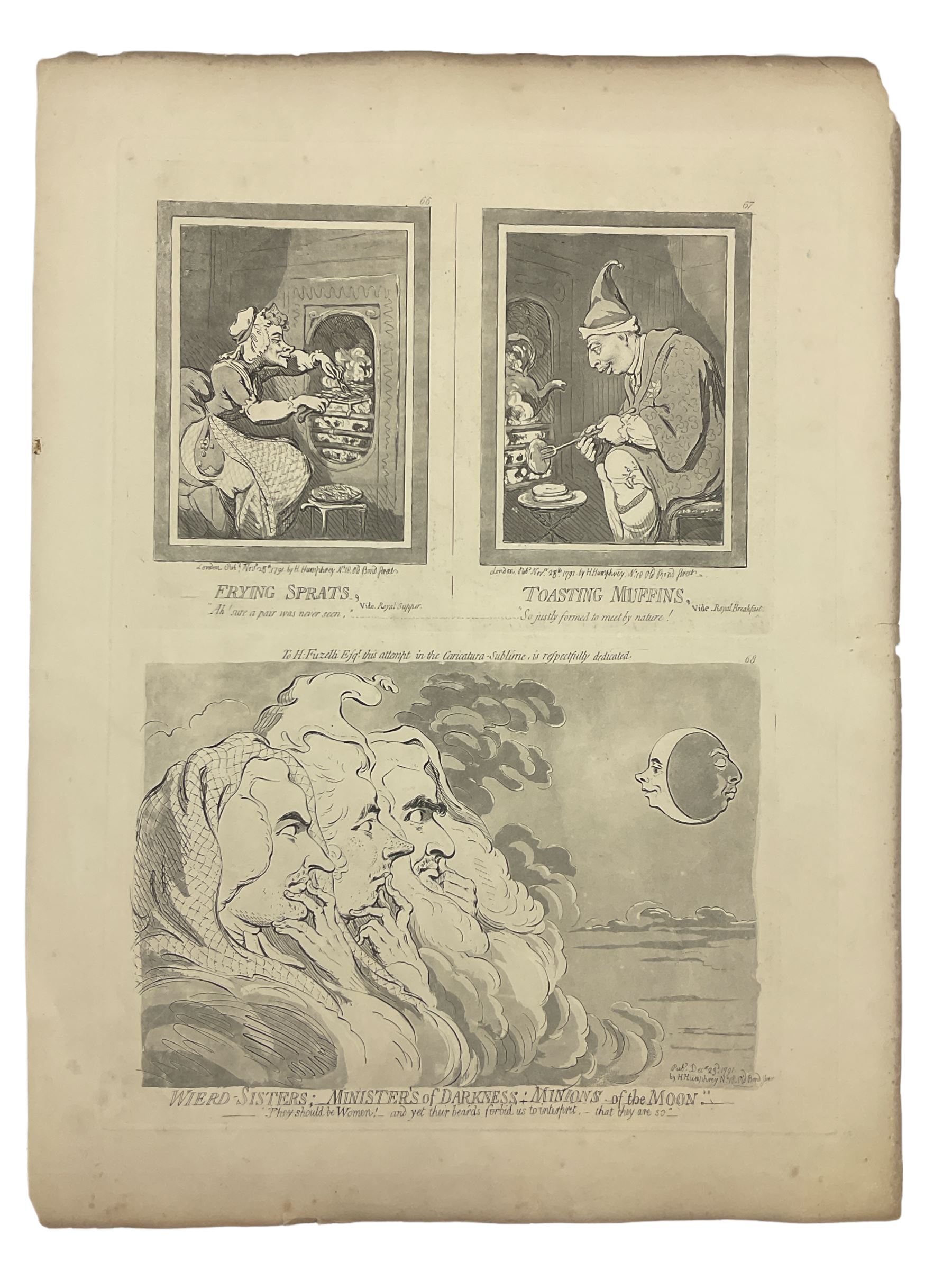 James Gillray (British 1756-1815): 'The pacific entrance of Earl-Wolf into Blackhaven', etching with hand colouring pub. Hannah Humphrey 1792, three further etchings verso 'Frying Sprats', 'Toasting Muffins' and 'Weird Sisters - Ministers of Darkness - Minions of the Moon' 39cm x 53cm (unframed)