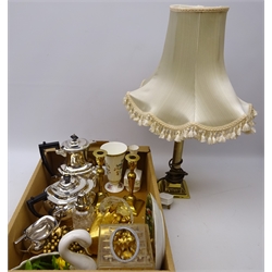  Walker & Hall three-piece silver-plated tea set, pair 19th century brass candlesticks, cut glass sifter, brass Corinthian column table lamp and shade, wall bracket and miscellanea in one box   